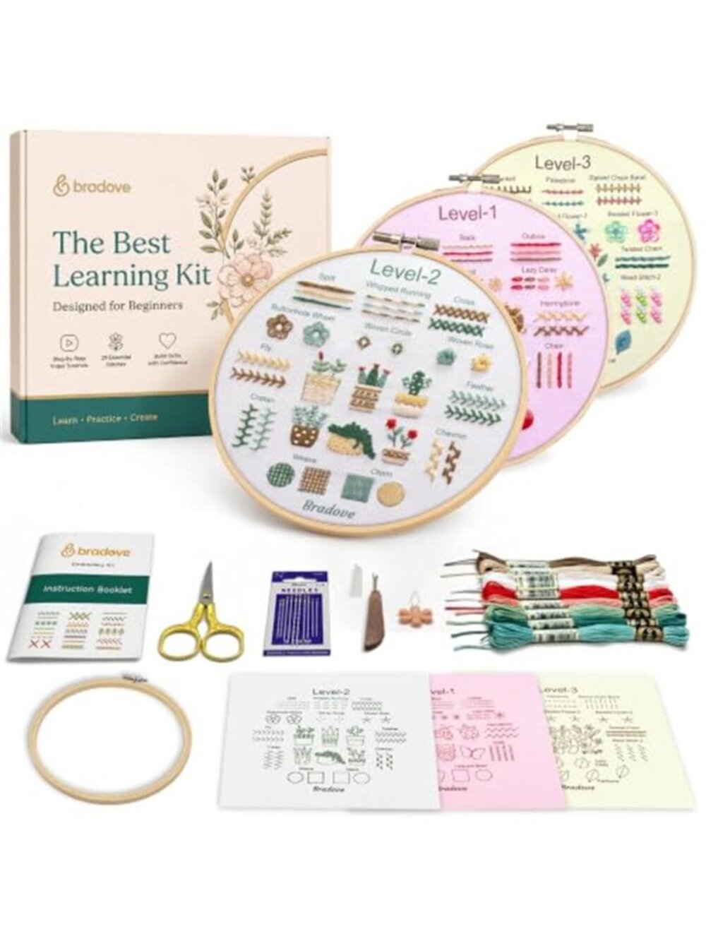 Embroidery Starter Kit Beginner Sewing Craft Set With Hoop Threads Patterns
